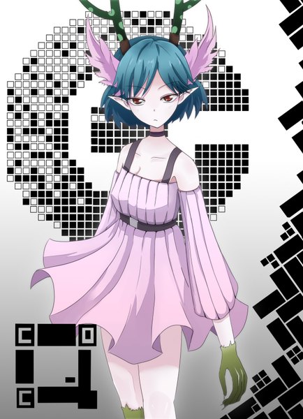 Anime picture 1224x1690 with c: the money of soul and possibility control q (control) single tall image short hair red eyes blue hair horn (horns) pointy ears girl detached sleeves sundress