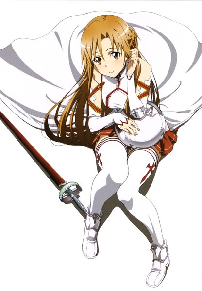 Anime picture 1569x2262 with sword art online a-1 pictures yuuki asuna single long hair tall image looking at viewer blush simple background smile brown hair white background brown eyes scan official art girl thighhighs weapon detached sleeves white thighhighs