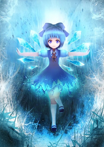 Anime picture 1480x2093 with touhou cirno ryuunori single tall image looking at viewer short hair blue eyes smile blue hair spread arms girl dress bow plant (plants) hair bow wings socks white socks grass