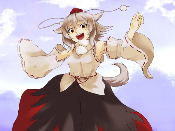 Anime picture 1400x1050 with touhou inubashiri momiji akishuon short hair open mouth red eyes animal ears silver hair tail armpit (armpits) wolf ears wolf tail girl hat detached sleeves hands tokin hat