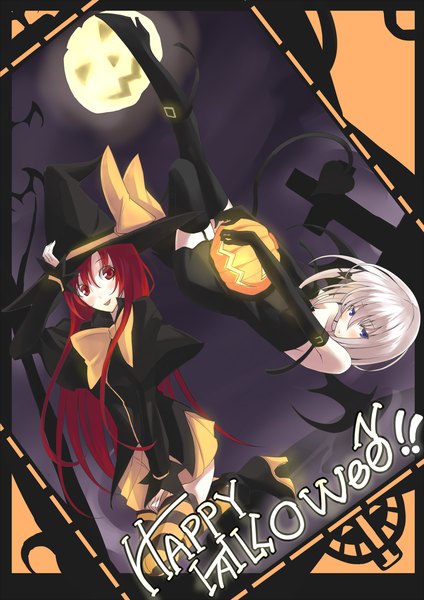 Anime picture 1600x2263 with original kauto long hair tall image blush short hair blue eyes red eyes multiple girls white hair red hair halloween happy halloween girl thighhighs dress bow black thighhighs 2 girls wings