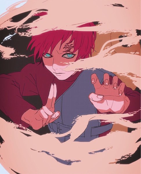 Anime picture 750x926 with naruto studio pierrot naruto (series) gaara fuku (r-i-h-o) single tall image short hair pink hair upper body aqua eyes fingernails tattoo shaded face fighting stance sand jinchuriki boy