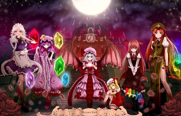 Anime picture 1000x643 with touhou flandre scarlet remilia scarlet izayoi sakuya patchouli knowledge hong meiling koakuma arudehido long hair short hair blue eyes blonde hair red eyes multiple girls silver hair purple hair white hair red hair maid 6+ girls