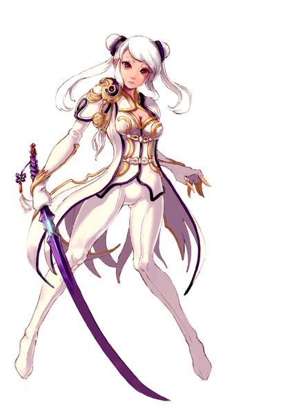 Anime picture 2352x3435 with blade & soul ranger (artist) single long hair tall image looking at viewer highres simple background red eyes white background cleavage white hair girl weapon sword