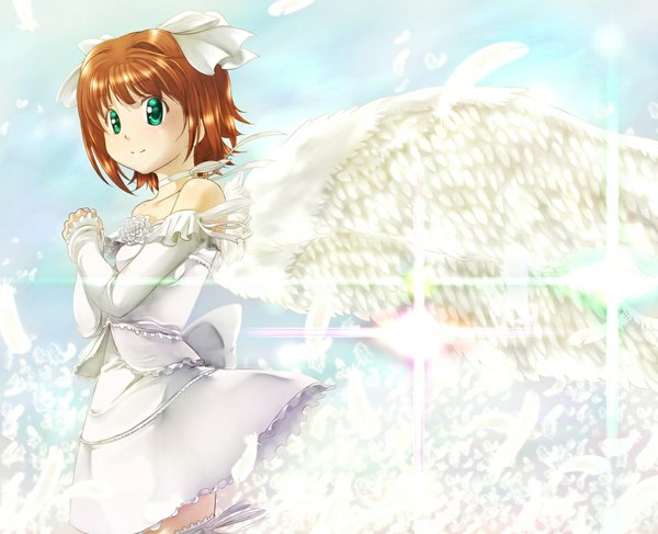 Anime picture 1120x910 with idolmaster xenoglossia amami haruka ttomm (artist) single short hair brown hair green eyes light smile lens flare angel wings girl dress bow ribbon (ribbons) hair bow detached sleeves wings white dress feather (feathers)