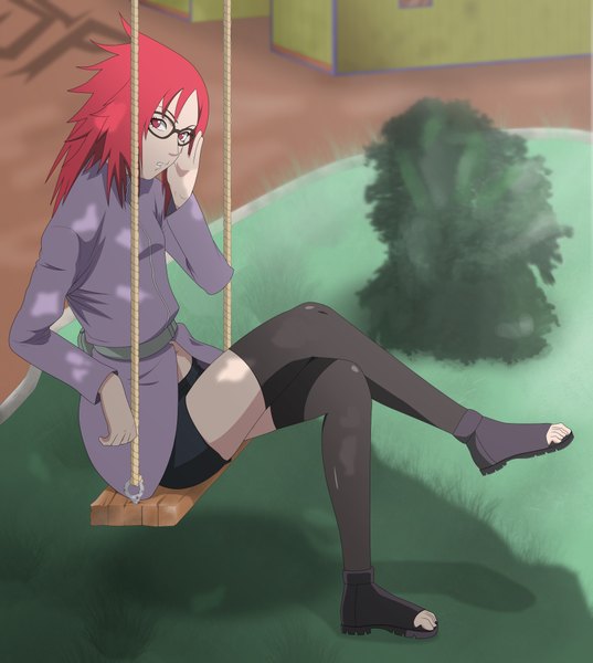 Anime picture 1815x2029 with naruto studio pierrot naruto (series) karin (naruto) single long hair tall image looking at viewer highres red eyes red hair girl thighhighs black thighhighs glasses swing