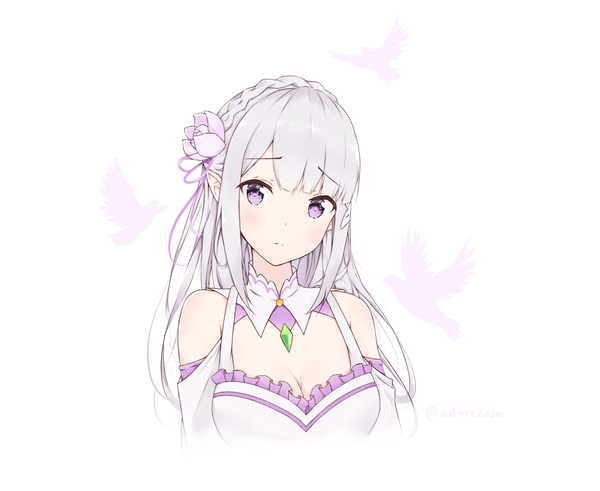 Anime picture 1576x1290 with re:zero kara hajimeru isekai seikatsu white fox emilia (re:zero) adore (adoredesu) single long hair looking at viewer blush fringe simple background white background purple eyes bare shoulders payot silver hair upper body braid (braids) head tilt hair flower portrait