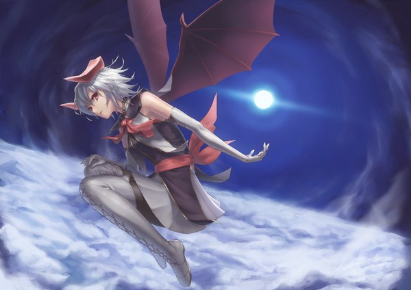 Anime picture 1062x752 with original mismi single looking at viewer short hair red eyes bare shoulders sky cloud (clouds) horn (horns) grey hair sunlight sunbeam bat wings girl gloves pantyhose wings elbow gloves boots