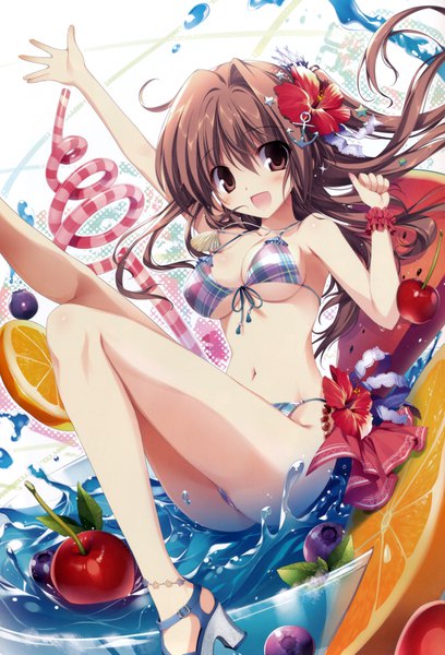 Anime picture 5560x8171 with original karory single long hair tall image looking at viewer blush highres breasts open mouth light erotic brown hair brown eyes absurdres hair flower scan girl navel flower (flowers) swimsuit