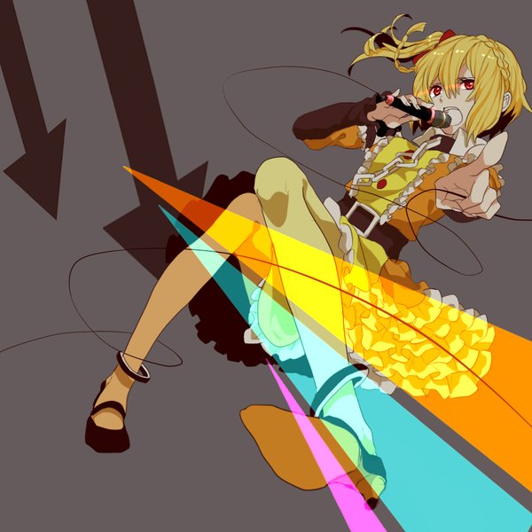 Anime picture 900x900 with kagerou project shaft (studio) kisaragi momo abararack single fringe short hair open mouth simple background blonde hair hair between eyes red eyes full body grey background one side up outstretched arm glowing glowing eye (eyes) pointing singing