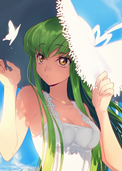 Anime picture 700x980 with code geass sunrise (studio) c.c. creayus single long hair tall image fringe breasts hair between eyes signed looking away sky upper body outdoors green hair sunlight shadow sleeveless adjusting hat