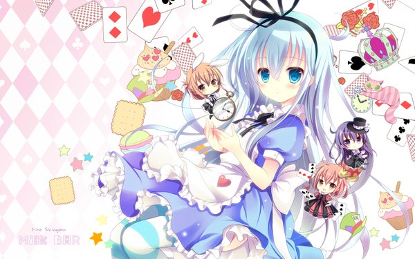 Anime picture 1920x1200 with kantai collection alice in wonderland hibiki destroyer alice (wonderland) akatsuki destroyer inazuma destroyer ikazuchi destroyer white rabbit cheshire cat queen of hearts mad hatter shirogane hina long hair highres blue eyes black hair hair between eyes brown hair multiple girls brown eyes