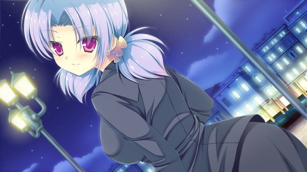 Anime picture 2560x1440 with mizu no miyako no patisserie long hair blush highres red eyes wide image game cg purple hair looking back night girl