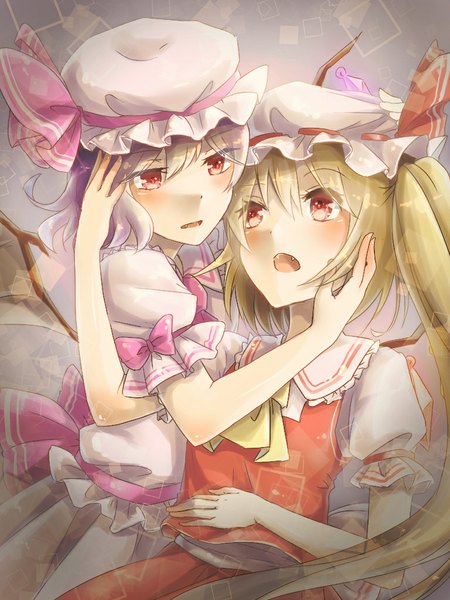 Anime picture 768x1024 with touhou flandre scarlet remilia scarlet uruha824 (artist) long hair tall image blush short hair open mouth blonde hair red eyes multiple girls purple hair ponytail teeth fang (fangs) side ponytail shoujo ai hand on cheek girl