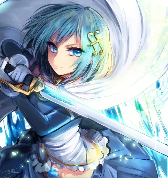 Anime picture 800x848 with mahou shoujo madoka magica shaft (studio) miki sayaka lgw7 single tall image fringe short hair blue eyes holding signed blue hair looking away pleated skirt fighting stance glow frown girl skirt gloves