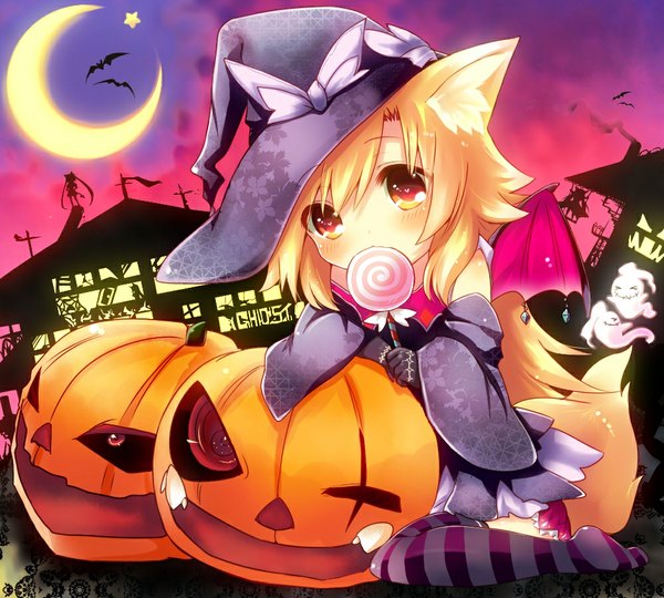 Anime picture 1000x900 with original futaba akane naomi (sekai no hate no kissaten) single long hair looking at viewer blonde hair fox ears fox tail halloween bat wings crescent multicolored eyes girl thighhighs detached sleeves witch hat striped thighhighs candy lollipop