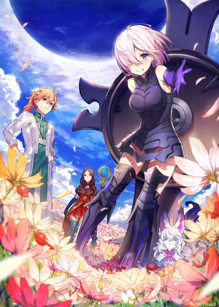 Anime picture 998x1400 with fate (series) fate/grand order mash kyrielight fou (fate) leonardo da vinci (fate) romani akiman mika pikazo long hair tall image looking at viewer fringe short hair light erotic smile brown hair standing purple eyes multiple girls signed pink hair