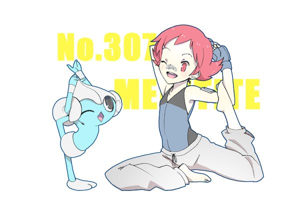 Anime picture 1500x1060 with pokemon nintendo sumomo (pokemon) meditite sora tokumo short hair open mouth simple background red eyes white background bare shoulders looking away red hair one eye closed character names bandaid on nose gen 3 pokemon pokemon number yoga girl