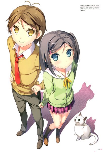 Anime picture 2457x3600 with hentai ouji to warawanai neko j.c. staff tsutsukakushi tsukiko yokodera youto kantoku tall image looking at viewer blush highres short hair blue eyes black hair smile brown hair white background yellow eyes scan official art shadow couple