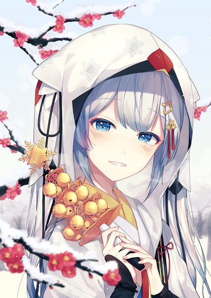 Anime picture 600x847 with vocaloid hatsune miku yuki miku yuki miku (2018) silltare single long hair tall image looking at viewer blush fringe blue eyes twintails signed silver hair upper body parted lips twitter username snow plum blossoms