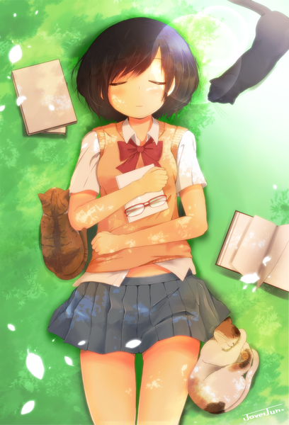 Anime picture 1500x2206 with original jovejun single tall image blush fringe short hair black hair signed lying eyes closed pleated skirt from above sunlight on back lens flare sleeping girl skirt uniform