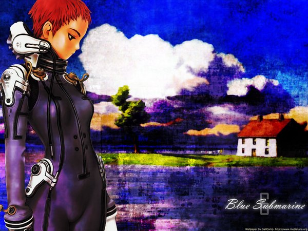 Anime picture 1600x1200 with blue submarine no 6 gonzo kino mayumi range murata single short hair cloud (clouds) red hair profile black eyes wallpaper copyright name looking down girl plant (plants) tree (trees) house pilot suit