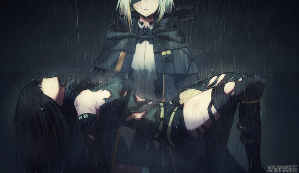 Anime picture 1468x850 with girls frontline m4a1 (girls frontline) m16a1 (girls frontline) m16a1 (girls frontline) (boss) xanax025 long hair fringe black hair wide image standing multiple girls signed silver hair parted lips multicolored hair wet torn clothes scar rain head out of frame