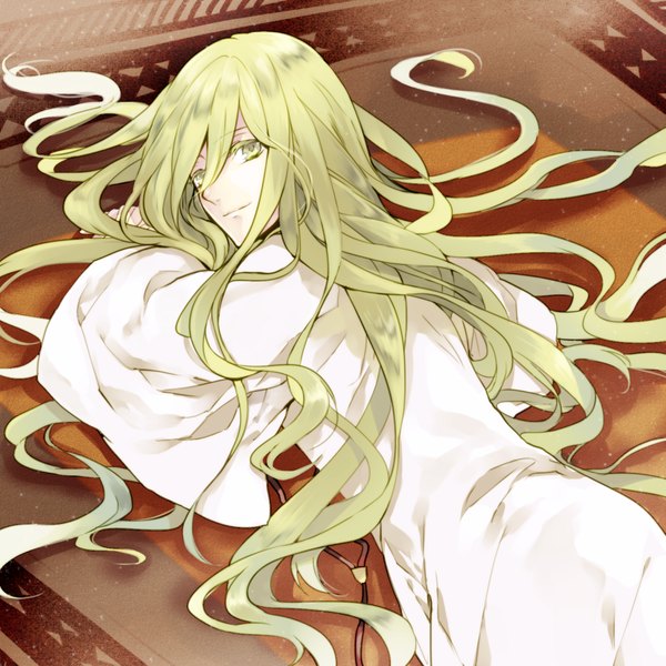 Anime picture 1000x1000 with fate (series) fate/strange fake type-moon enkidu (fate) single long hair looking at viewer fringe lying aqua eyes light smile aqua hair on stomach pale skin otoko no ko boy