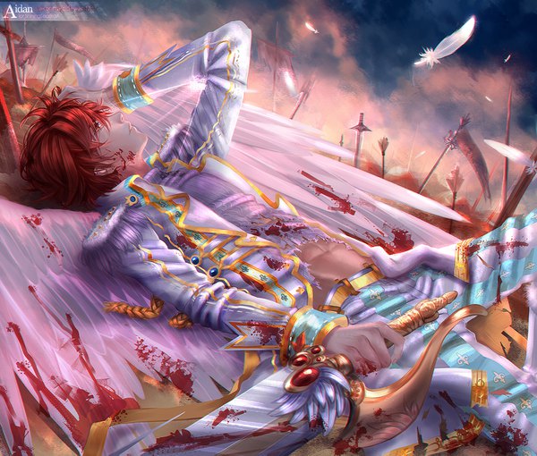 Anime picture 1500x1277 with original sakonma single short hair red eyes sky bent knee (knees) red hair lying profile torn clothes evening looking up hand on head angel wings white wings blood on face bloody clothes blood stains bloody weapon