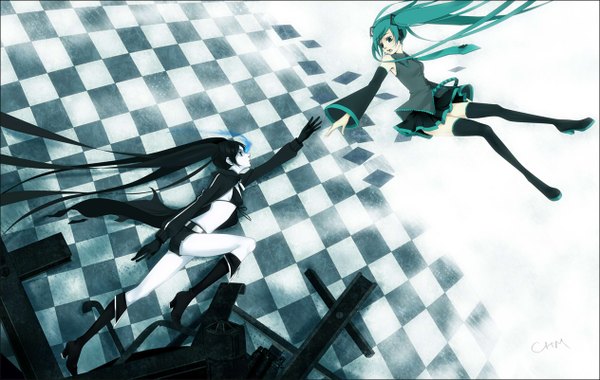 Anime picture 1264x802 with black rock shooter vocaloid hatsune miku black rock shooter (character) fukawa (pixiv) long hair black hair twintails green hair girl
