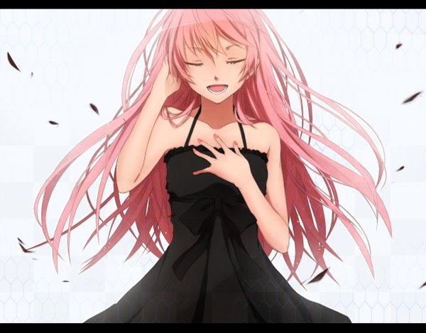 Anime picture 2430x1901 with vocaloid megurine luka shirotaka (5choume) single long hair highres white background pink hair eyes closed nail polish girl dress petals black dress