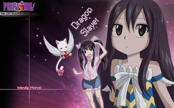 Anime picture 1280x800 with fairy tail wendy marvell charle (fairy tail) natsudrgonil long hair open mouth black hair wide image braid (braids) inscription grey eyes twin braids coloring girl dress animal wings shorts cat