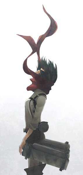 Anime picture 500x1050 with shingeki no kyojin production i.g mikasa ackerman otton single tall image fringe short hair black hair simple background standing white background profile looking up weightlessness girl uniform boots scarf military uniform