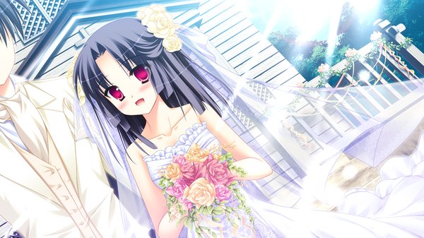 Anime picture 1280x720 with diamic days lump of sugar shinoyama tokiha sesena yau long hair looking at viewer blush fringe open mouth black hair red eyes wide image bare shoulders holding payot game cg upper body outdoors hair flower girl