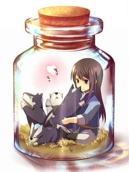 Anime picture 600x800 with tales of (series) tales of vesperia yuri lowell repede nishikawa (fe) long hair tall image fringe black hair simple background smile white background sitting looking away full body black eyes chibi in bottle boy animal