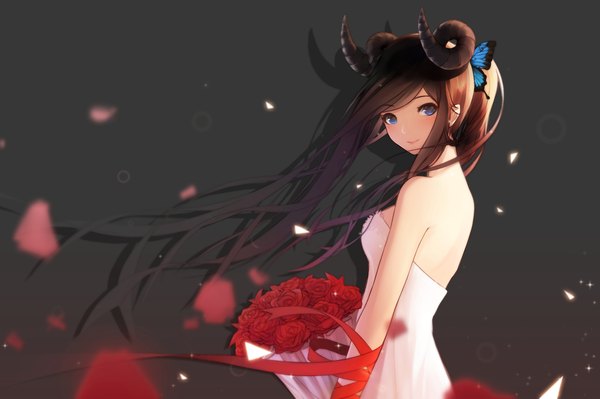 Anime picture 2314x1540 with original ariinine single long hair looking at viewer blush highres blue eyes simple background smile brown hair bare shoulders holding ponytail horn (horns) turning head black background girl dress hair ornament