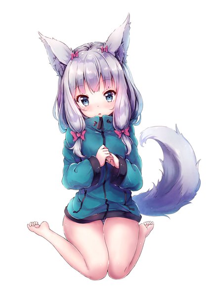 Anime picture 1000x1417 with eromanga sensei a-1 pictures izumi sagiri sorairo len single long hair tall image looking at viewer blue eyes light erotic simple background white background sitting animal ears silver hair full body tail parted lips animal tail barefoot
