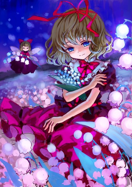 Anime picture 2893x4090 with touhou medicine melancholy su-san ama-tou tall image highres short hair blue eyes smile brown hair sitting multiple girls fairy girl dress flower (flowers) bow ribbon (ribbons) 2 girls hair bow