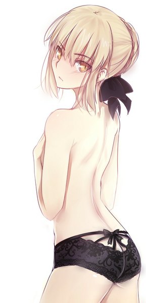 Anime picture 500x1035 with fate (series) fate/stay night type-moon artoria pendragon (all) saber tusia (malta) single tall image looking at viewer fringe short hair breasts light erotic simple background blonde hair white background bare shoulders yellow eyes ass looking back