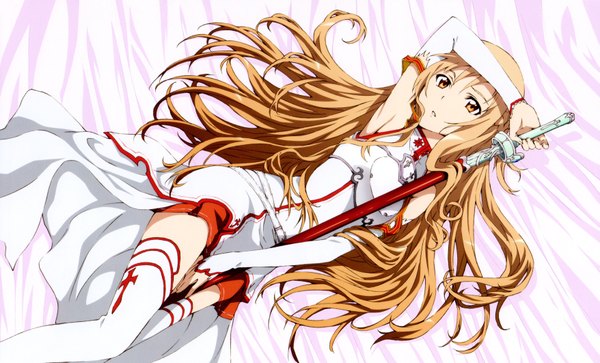 Anime picture 7018x4248 with sword art online a-1 pictures yuuki asuna kawakami tetsuya single long hair highres brown hair wide image brown eyes absurdres lying scan official art armpit (armpits) girl thighhighs weapon detached sleeves white thighhighs