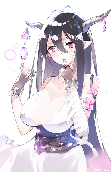 Anime picture 550x850 with granblue fantasy danua atsumi jun single long hair tall image fringe breasts light erotic black hair simple background hair between eyes red eyes white background bare shoulders looking away cleavage ahoge horn (horns) pointy ears