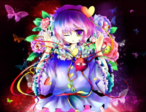 Anime picture 1075x826 with touhou komeiji satori kazu (muchuukai) short hair purple eyes pink hair one eye closed wink wallpaper eyes multicolored girl dress flower (flowers) heart insect butterfly