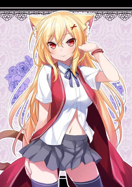 Anime picture 848x1200 with original 47agdragon single long hair tall image looking at viewer blush blonde hair smile red eyes standing animal ears tail animal tail pleated skirt cat ears open clothes cat girl cat tail open shirt