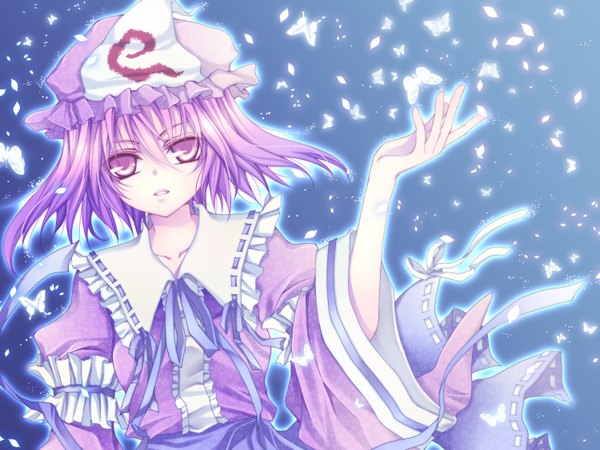 Anime picture 1500x1126 with touhou saigyouji yuyuko short hair purple hair girl hat