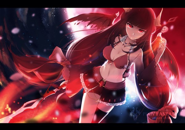 Anime picture 1414x1000 with original pixiv fantasia pixiv fantasia fallen kings lancefate single long hair looking at viewer breasts light erotic black hair red eyes large breasts standing twintails bare shoulders from above bare belly glowing letterboxed glowing eye (eyes)