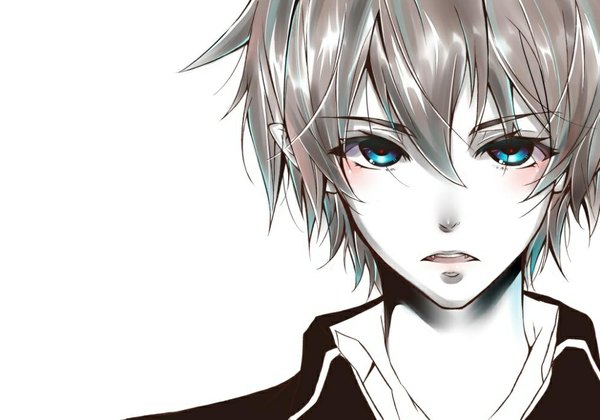 Anime picture 1000x700 with ao no exorcist a-1 pictures okumura rin single looking at viewer short hair open mouth blue eyes simple background white background aqua eyes grey hair monochrome face pale skin open collar boy uniform school uniform shirt