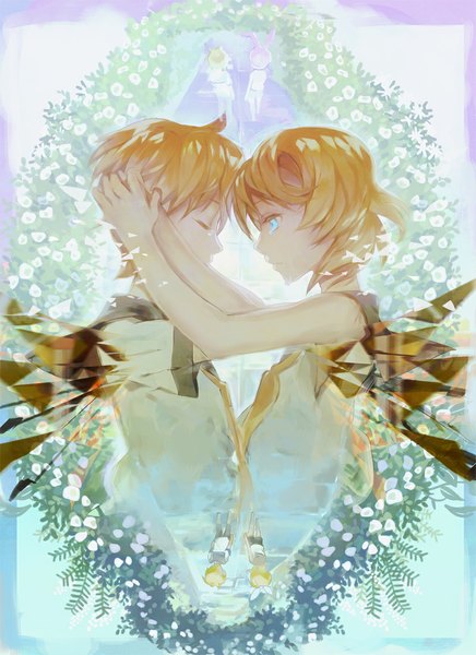 Anime picture 800x1100 with vocaloid kagamine rin kagamine len kazune (baumkuchen) tall image short hair blue eyes blonde hair eyes closed profile face to face twins girl boy flower (flowers)