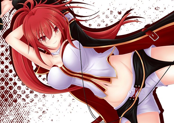 Anime picture 1100x778 with vocaloid cul euforia single long hair breasts light erotic smile red eyes bare shoulders cleavage ponytail red hair armpit (armpits) girl navel shorts