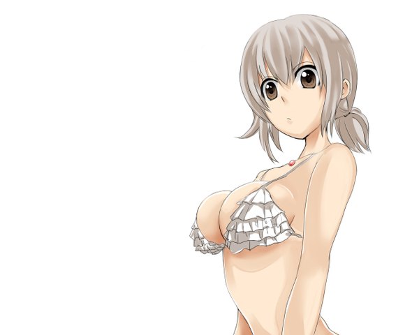 Anime picture 1280x1024 with binbougami ga! sakura ichiko tagme (artist) single long hair breasts light erotic simple background large breasts white background brown eyes looking away silver hair ponytail wallpaper girl lingerie bra jewelry