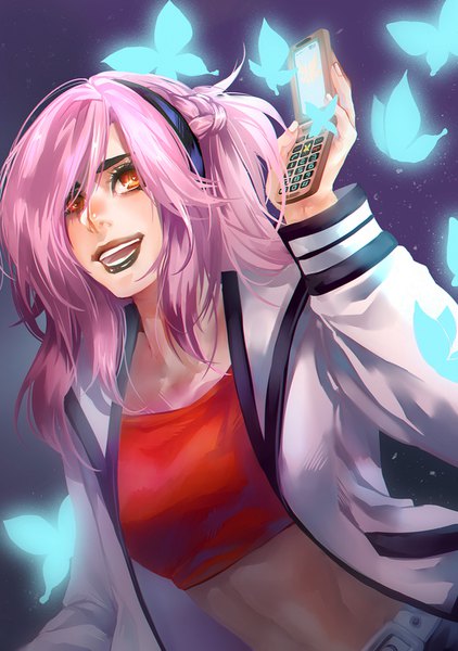 Anime picture 1040x1477 with original marimari999 single long hair tall image blush open mouth red eyes pink hair upper body arm up midriff lipstick looking up girl belt insect butterfly headband crop top